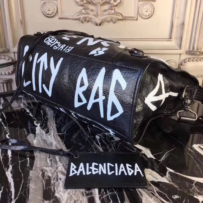 BALENCIAG巴黎世家 Graffiti Classic City30cm機車包 義大利爆裂紋羊皮 手繪彩色塗鴉 手提肩背斜挎包  BL1464